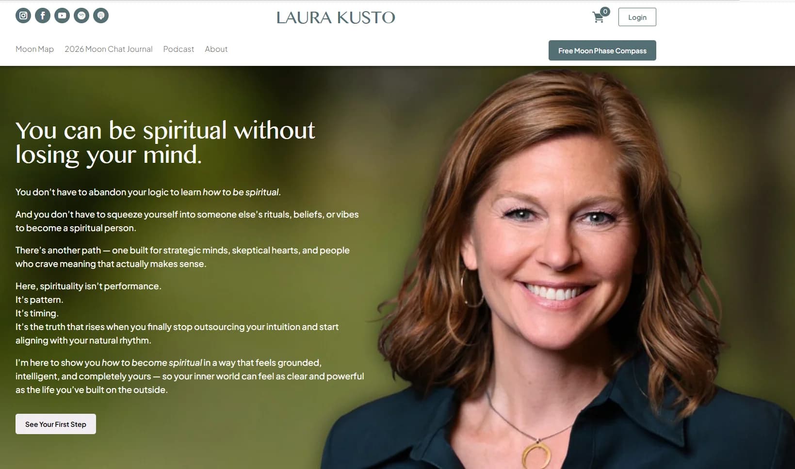 Laura Kusto website homepage with membership login and Moon Map navigation