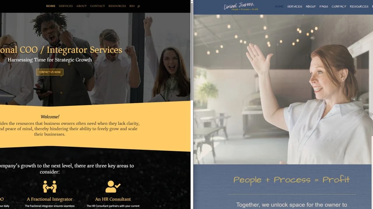 Liminal Journey website before and after: the previous black-and-gold design on the left and the redesigned blue-and-yellow website on the right